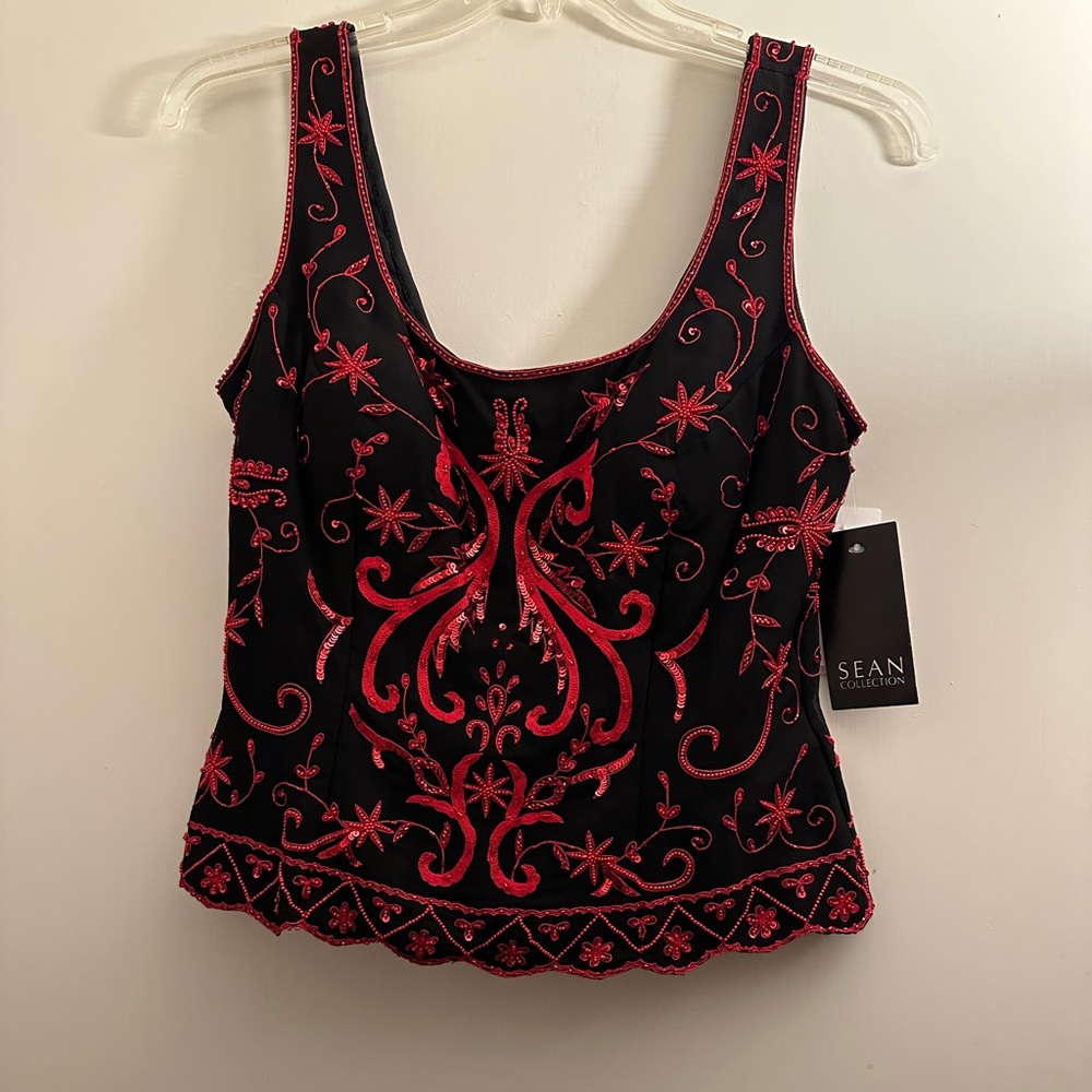Sean Collection New Red Black Sequined Beaded Sleeveless Top Elegant Cocktail